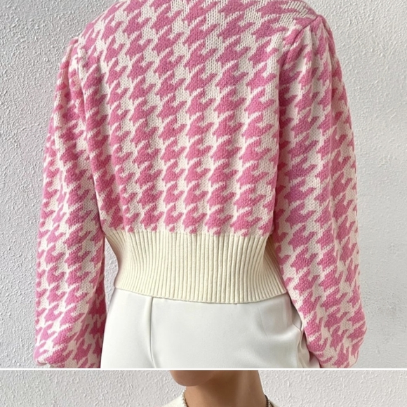 Pink Preppy Womens Houndstooth Pattern Lantern Sleeve Cardigan - Picture 4 of 12